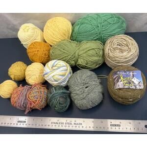 Lot Of 14 Yarn Balls Yellow And Greens Wool Tweed Mix Of Fibers